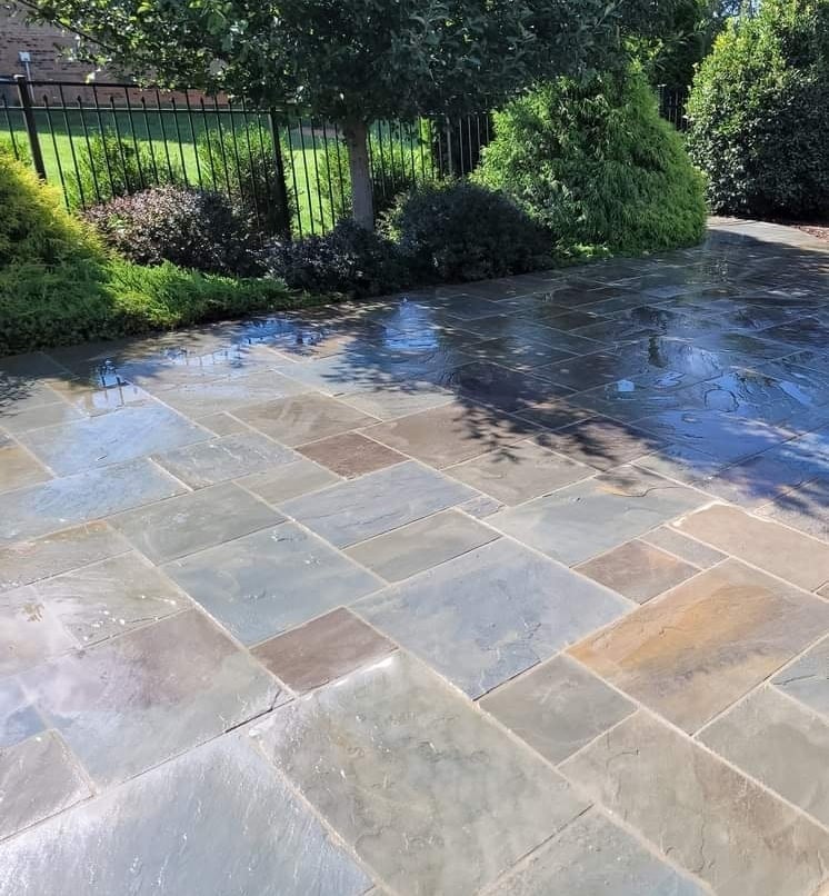 Wet stone patio with irregular flagstone pattern surrounded by green shrubs