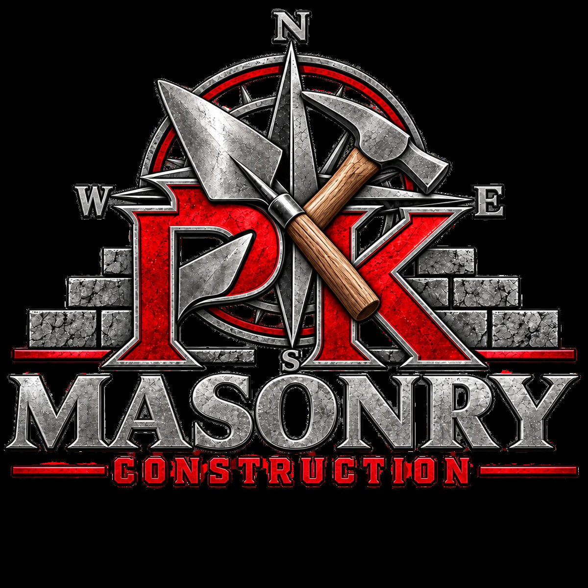 PK Masonry Construction logo with compass, pickaxe, and tools